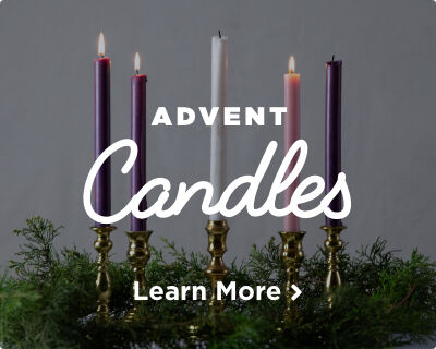 An Advent wreath adorned with four Advent candles and a fifth white candle in the center, signifying the celebration of Christmas. Images links to Advent Candles page. 